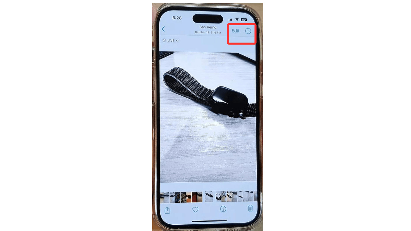 Accessing the editing options by tapping the Edit button in the Photos app