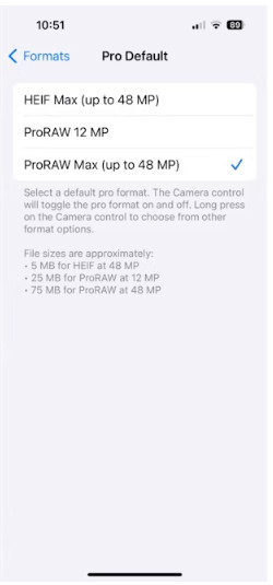 iPhone camera settings for high-efficiency image capture, showing the formats option selected