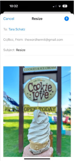 Email options in the share menu of the iPhone photo app, showing the mail icon highlighted