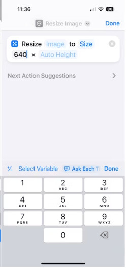 iPhone shortcuts app showing the resize image action selected