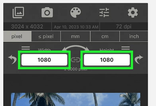 Changing units of measurement in the Image Size app settings