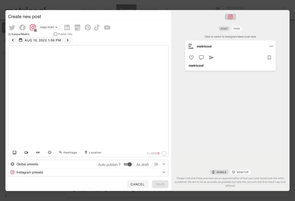 Adding a photo to Instagram using Metricool