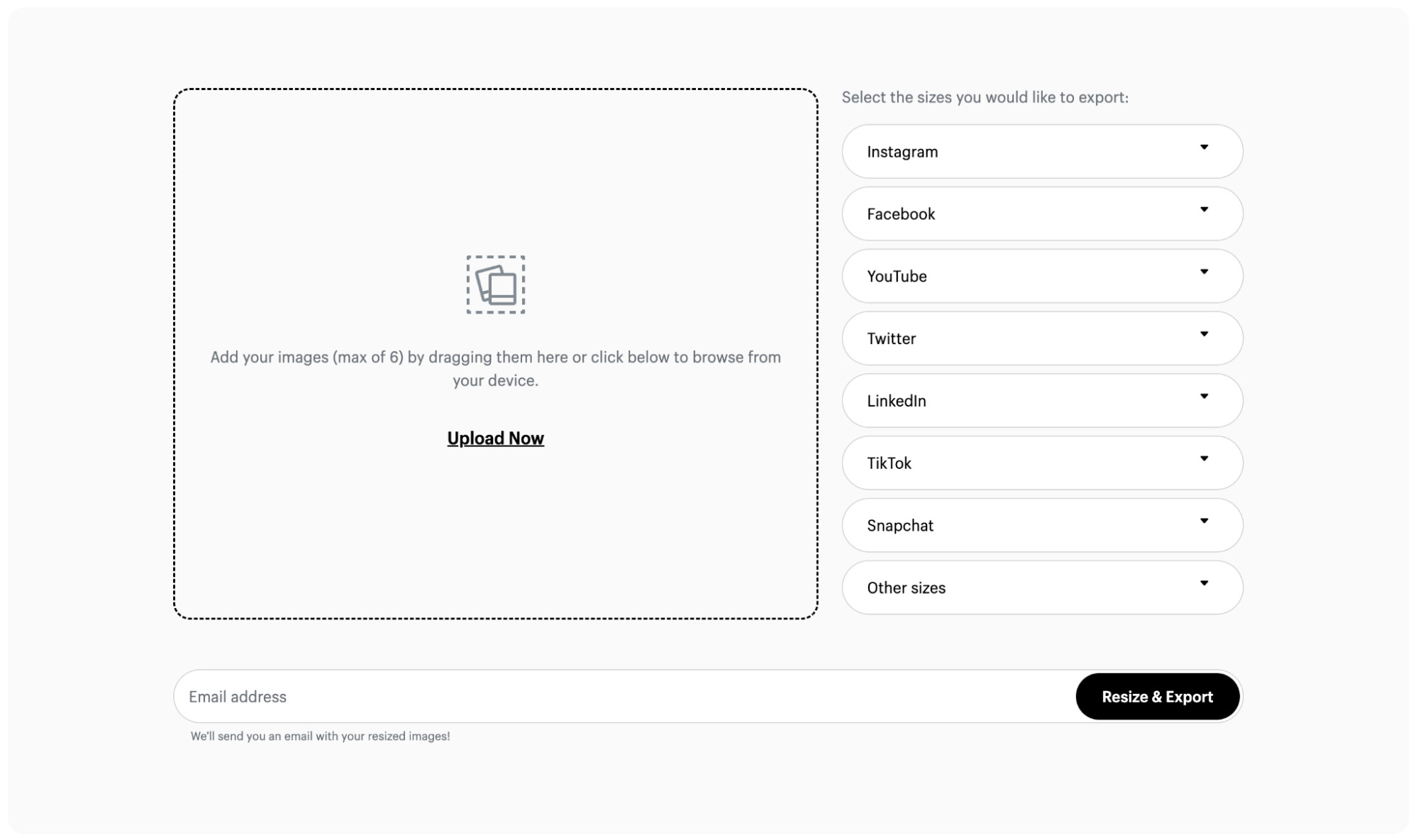 Image upload screen for Shopify’s free image resizing tool