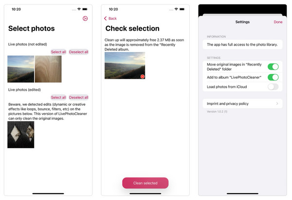 Screenshots of the Live Photo Cleaner app interface