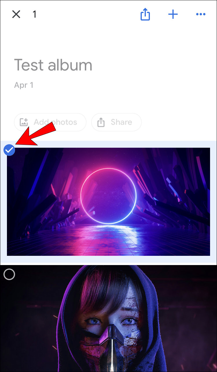 Selecting the first photo in a Google Photos album on a mobile device using the tap and hold method