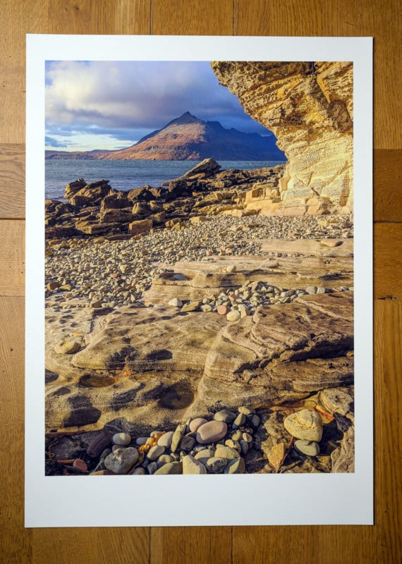 Landscape photo taken with an iPhone and printed large, showcasing detailed clouds and vibrant colors.