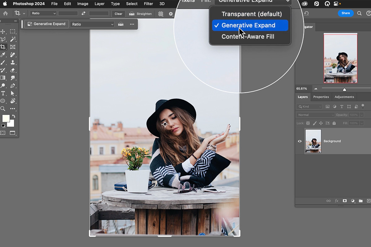 Generative Expand option in Photoshop's toolbar for seamless image expansion