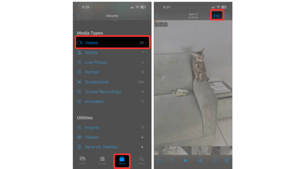 Tapping the Edit button to start editing the selected video