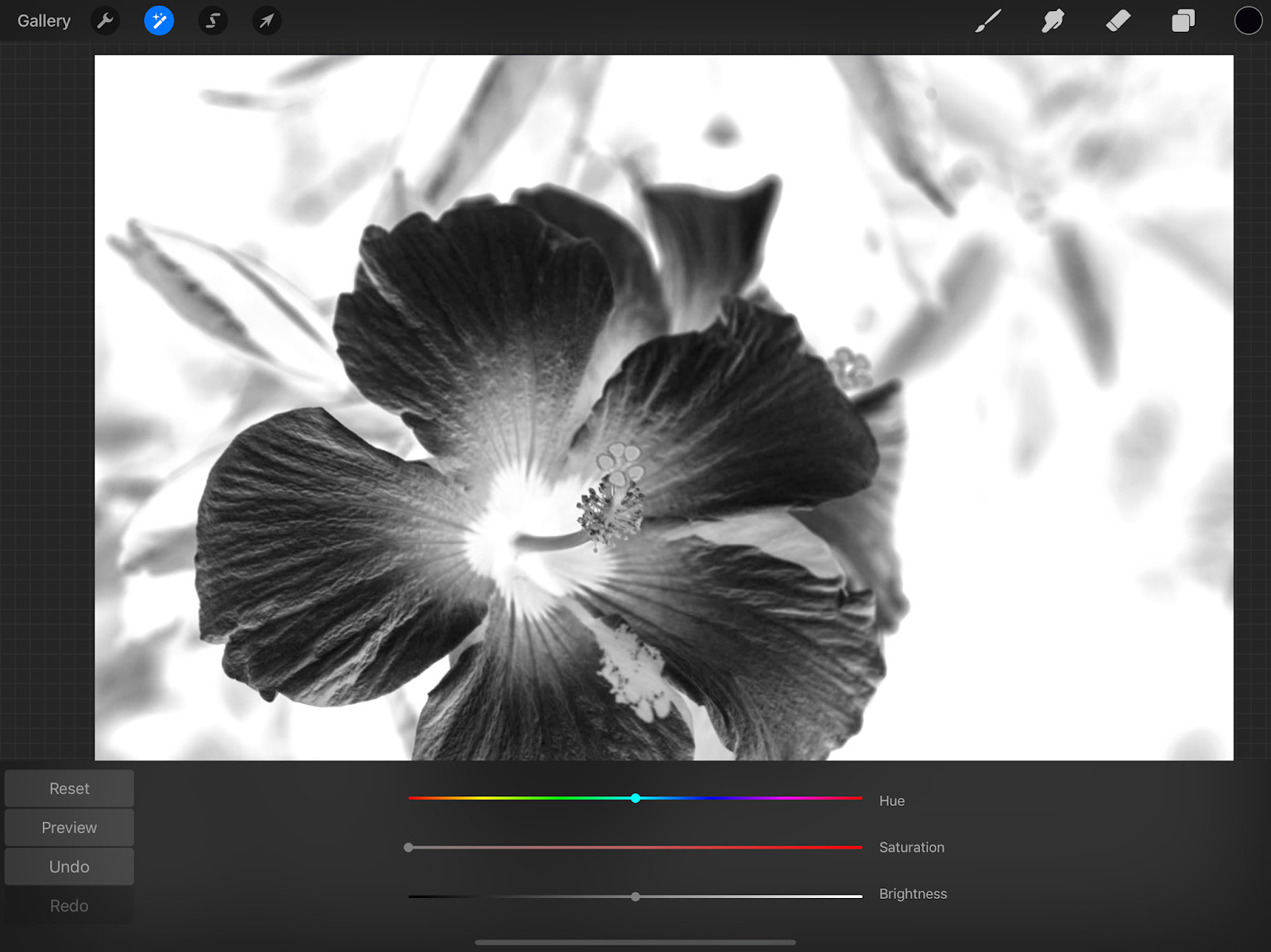Desaturating the duplicated layer using the Hue, Saturation, Brightness adjustment in Procreate.