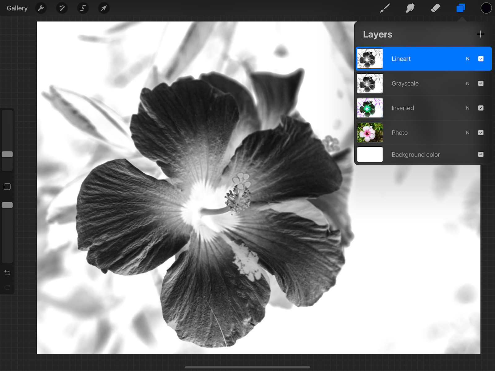 Duplicating the grayscale layer in Procreate to create a dedicated line art layer.