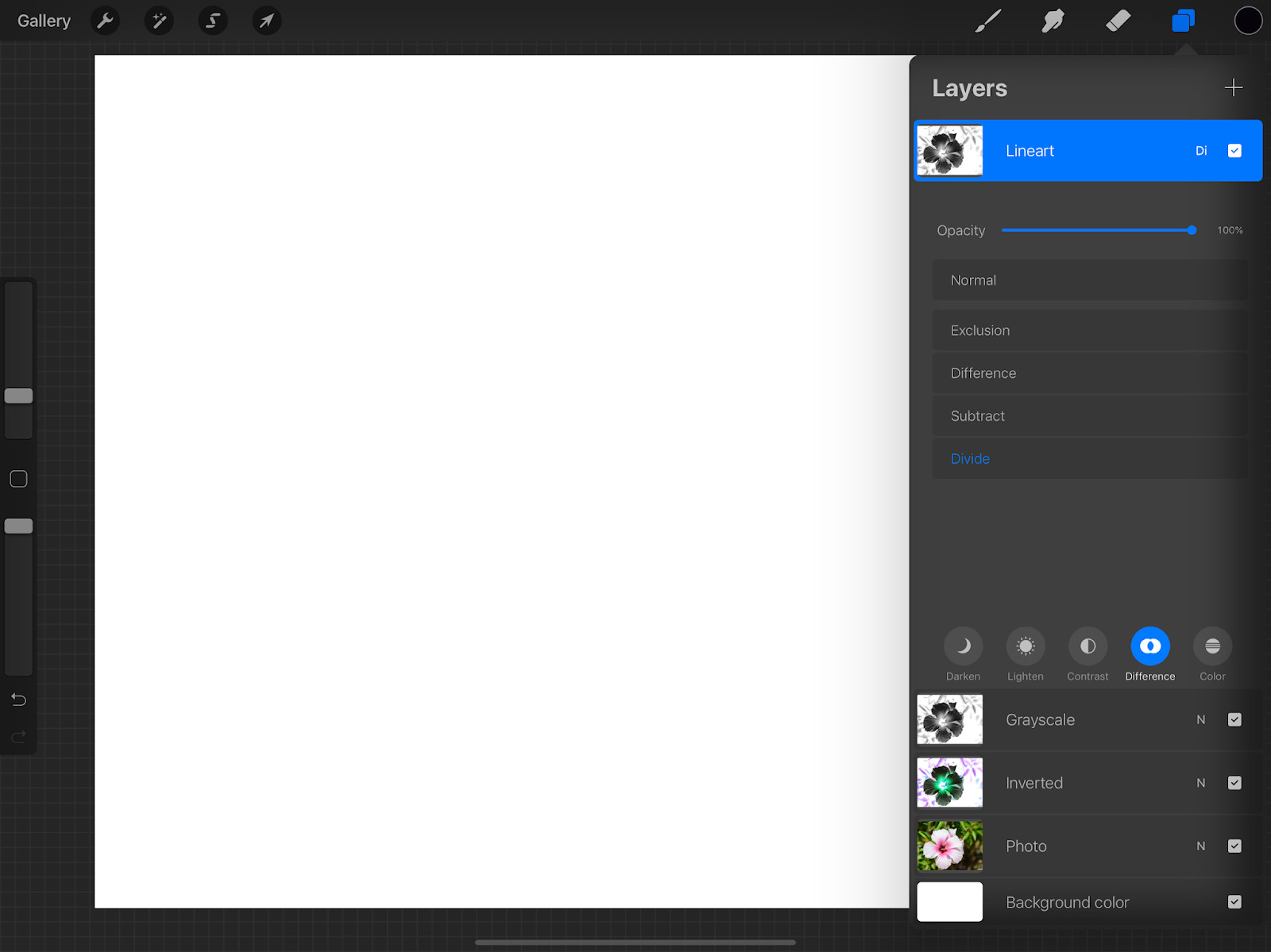 Changing the blend mode of the line art layer in Procreate to Difference and Divide.