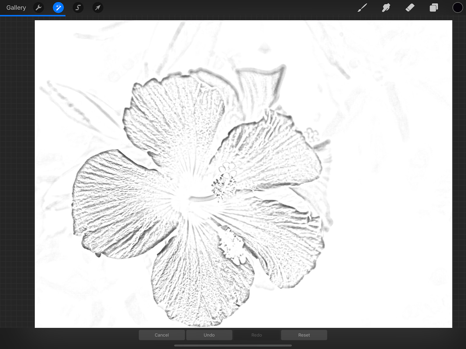 Applying Gaussian Blur to the line art layer in Procreate to enhance the lines.