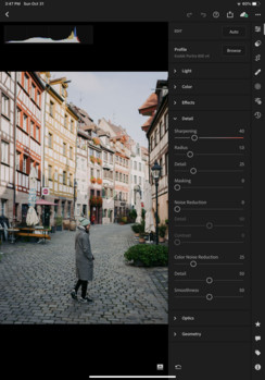 Adobe Lightroom interface on an iPad, highlighting editing tools