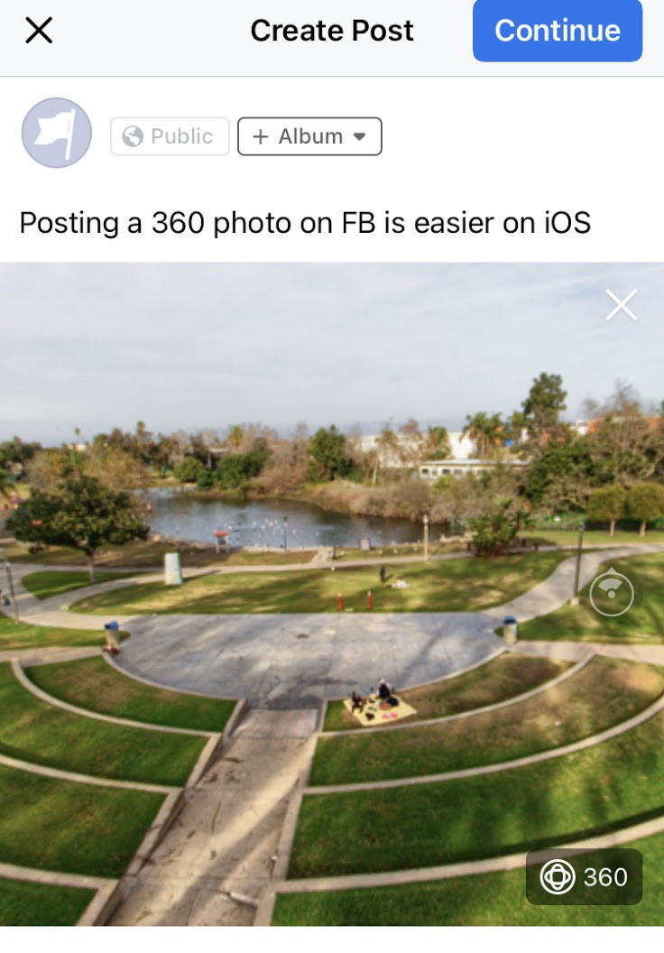 Screenshot of the Facebook app on iOS, highlighting the photo upload option and the 360 view confirmation.