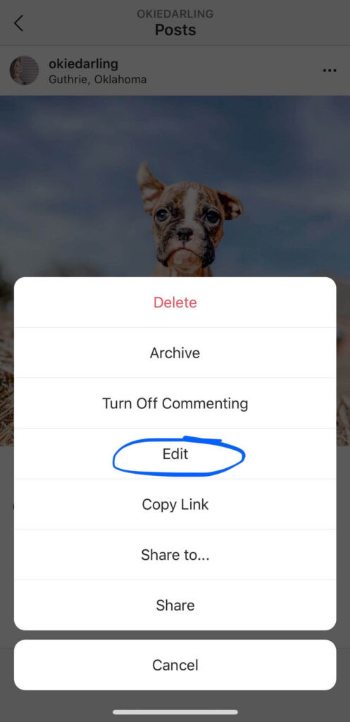 Drop down menu on instagram with edit option highlighted