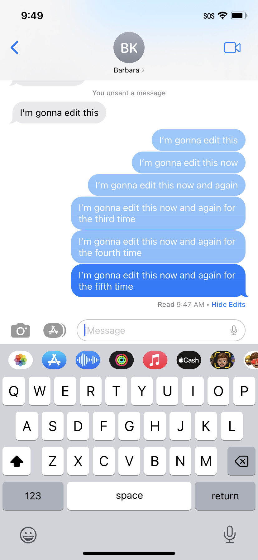 iMessage edits showing all previous changes