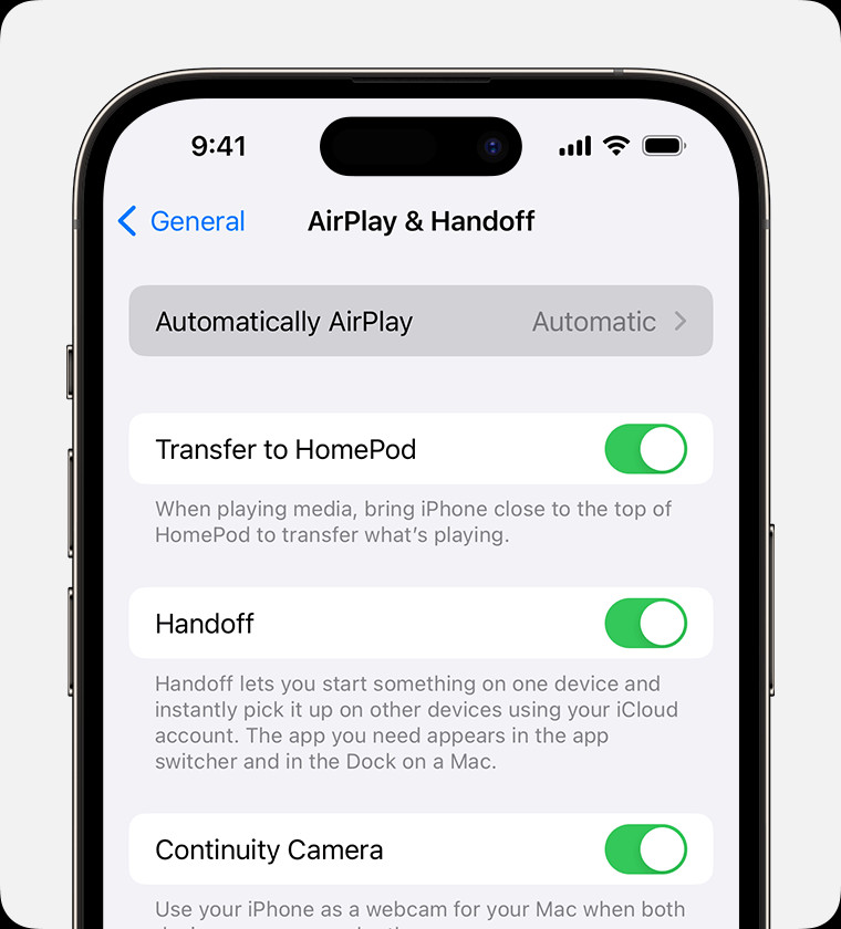 AirPlay & Handoff section in the General settings of iOS