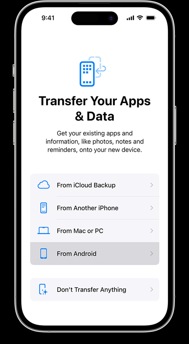 Move to iOS app displaying options for transferring data