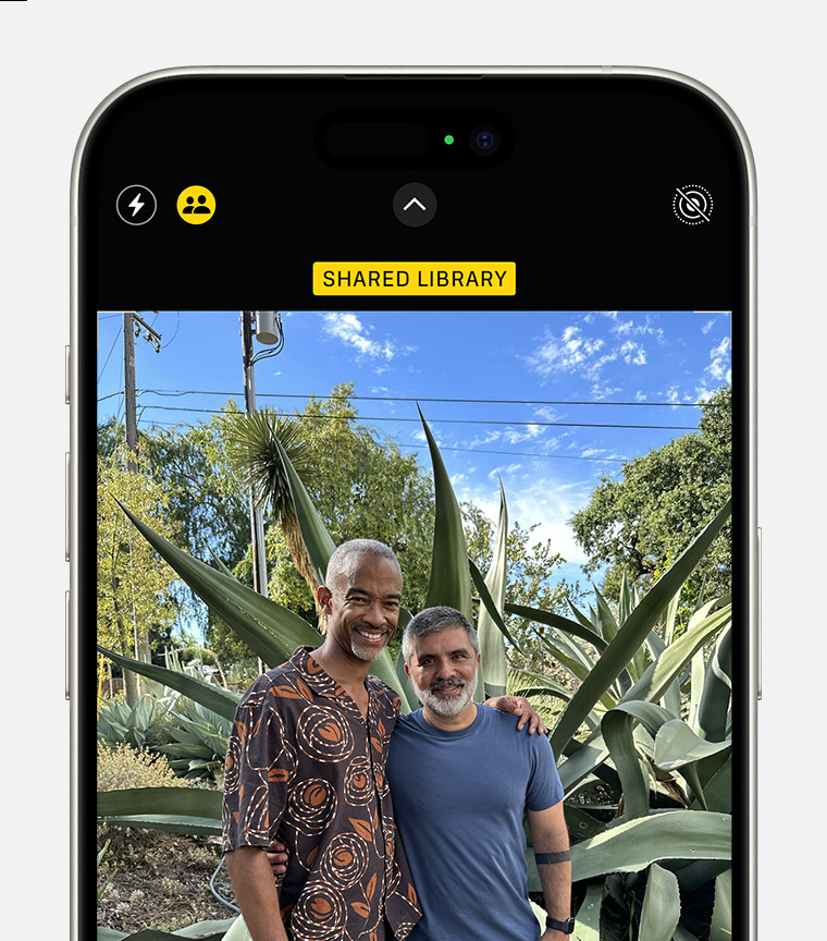 The Shared Library button is at the top of the screen in the Camera app