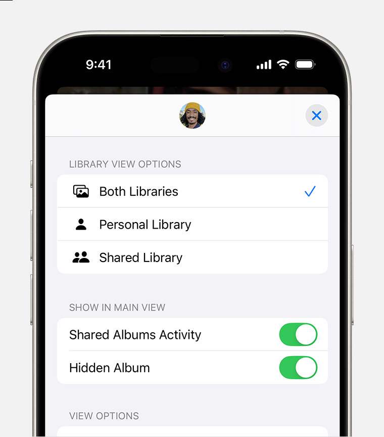 An iPhone screen showing Both Libraries, Personal Library, and Shared Library under Library View Options