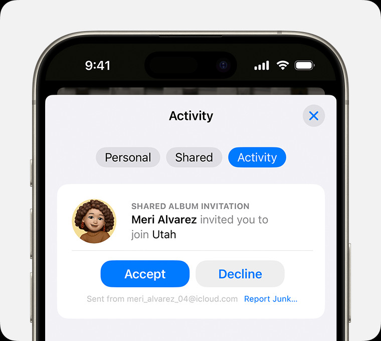 Shared Albums invite in Activity tab. It says Meri Alvarez invited you to join Utah.