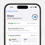 iCloud storage section of Settings showing recommendations and app options
