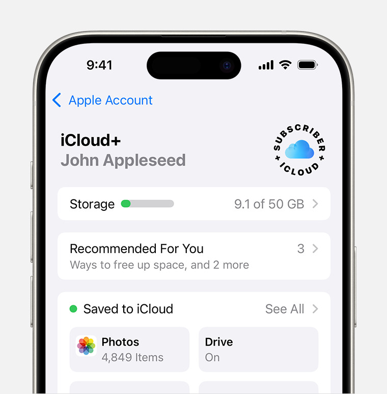 iCloud storage section of Settings showing recommendations and app options