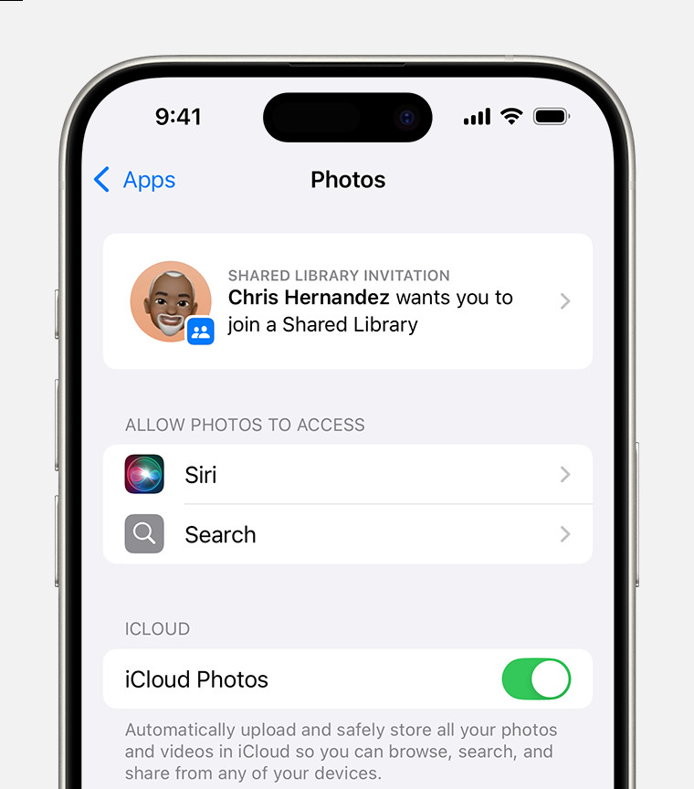 Locate your Shared Library invitation in the Photos section of your device Settings