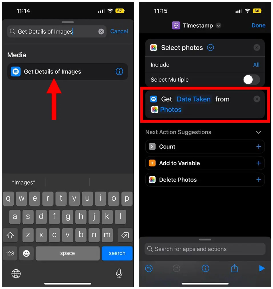 screenshot of Shortcuts app (iOS). Get details of images.