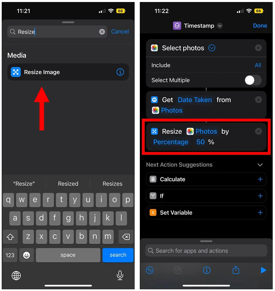 screenshot of Shortcuts app (iOS). Adding resize image action.