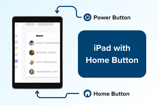Taking a screenshot on an iPad with a home button, using the home and power buttons.