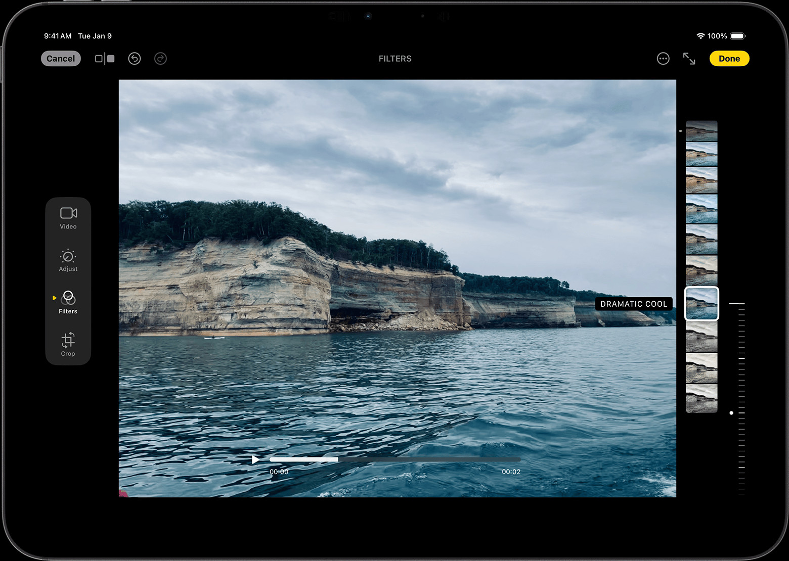 iPad showing a video with a filter being applied, demonstrating how to edit a video in photos.