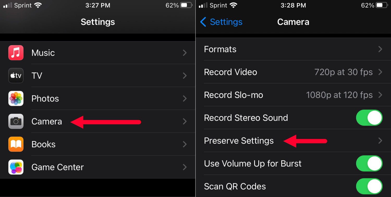 Preserve settings for camera
