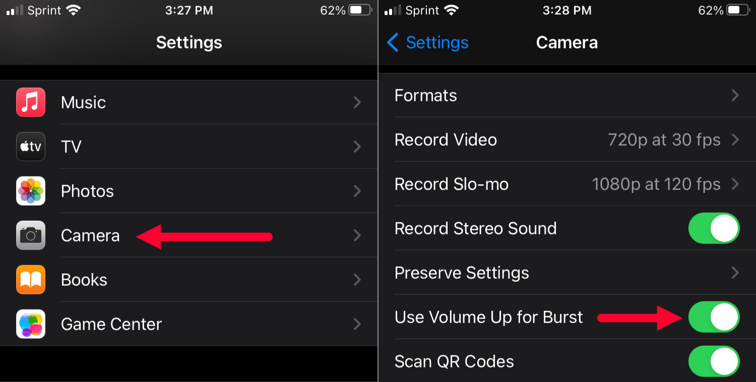 Enable volume up for burst setting