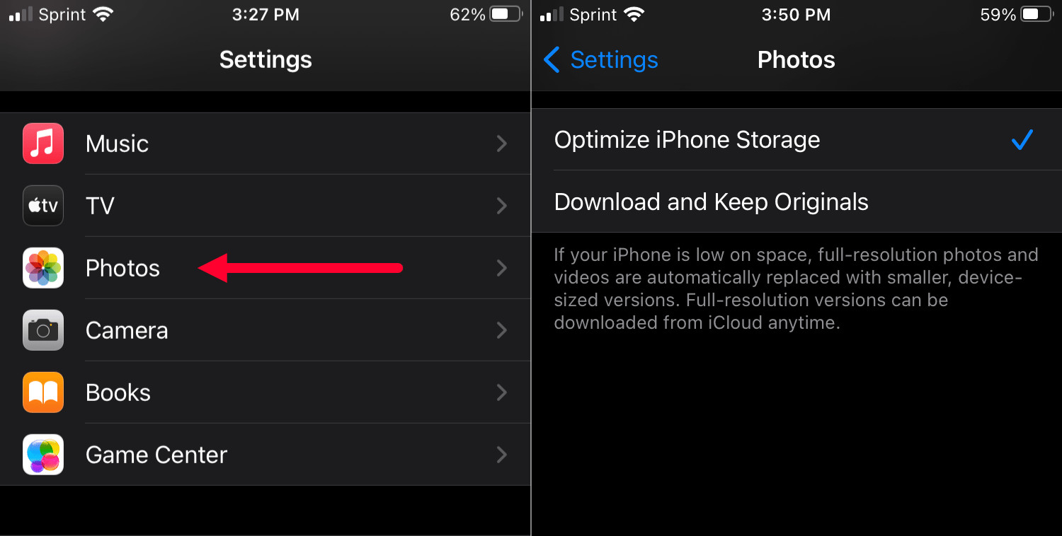 Optimize iPhone storage settings