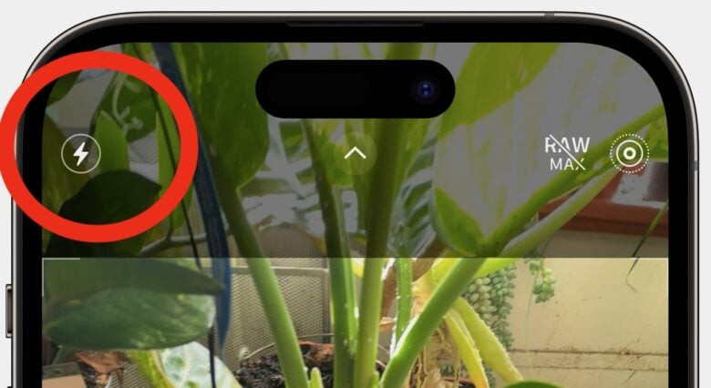 Screenshot showing how to turn camera flash on or off on an iPhone