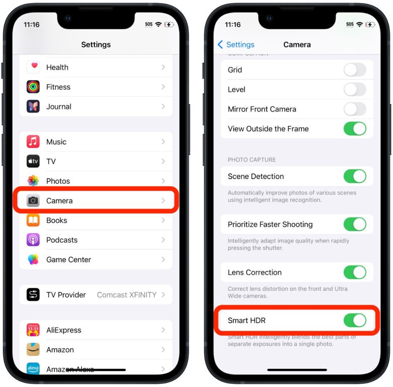 Screenshots showing how to turn off HDR in Settings on older iPhones for better fireworks photography