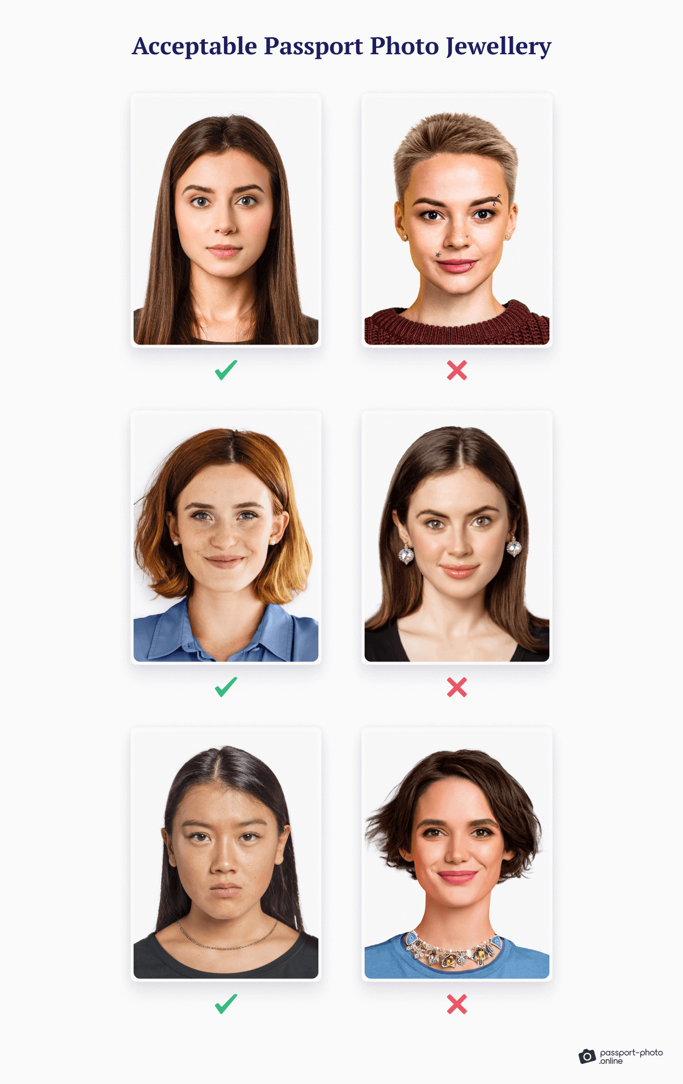 Examples showcasing acceptable jewelry, including small earrings and a delicate necklace, alongside unacceptable jewelry like large hoops and a bulky necklace, illustrating the difference in passport photo suitability.