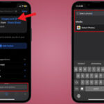 Adding the Select Photos action for overlaying images. The image shows the user interface of the Shortcuts app, with the search bar and the 'Select Photos' action highlighted.