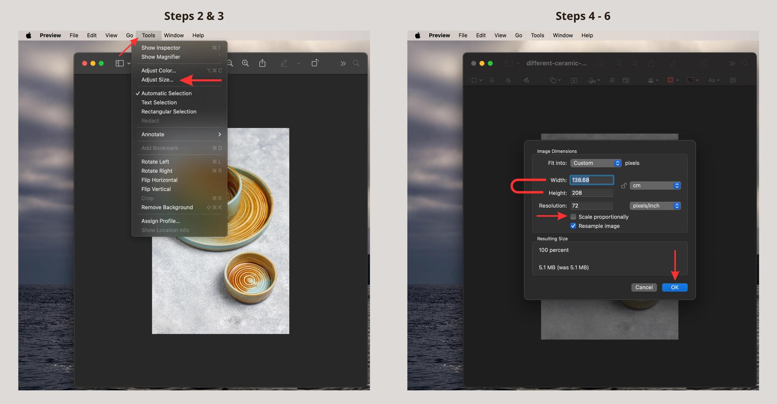 Resizing an image on Mac Preview: go to Tools, select Adjust Size, set dimensions, then click OK.