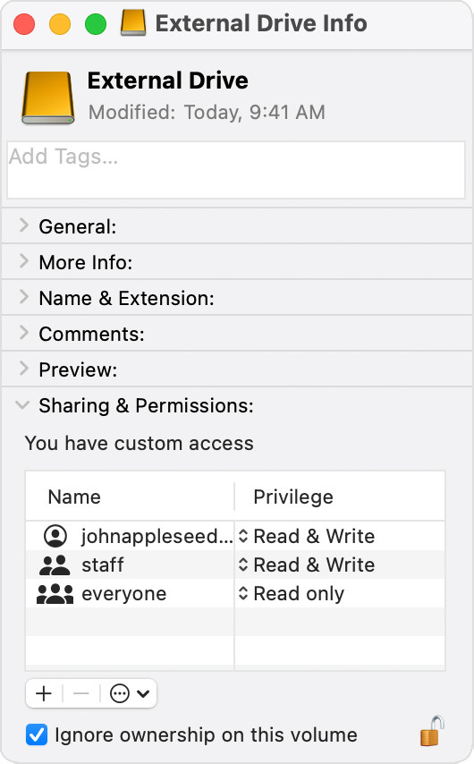 External Hard Drive Info window with