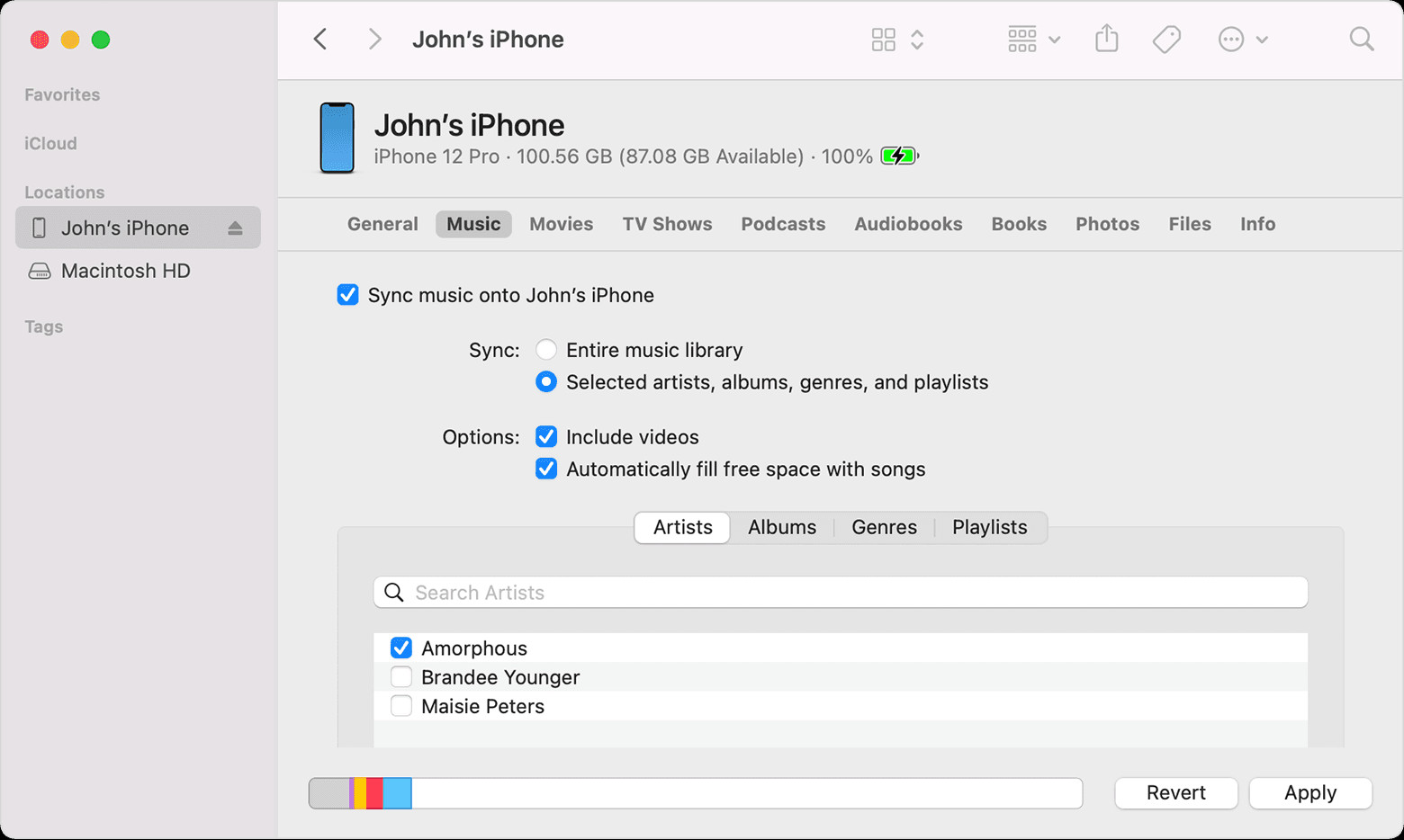 Syncing music from a phone to a computer with Finder on macOS Monterey