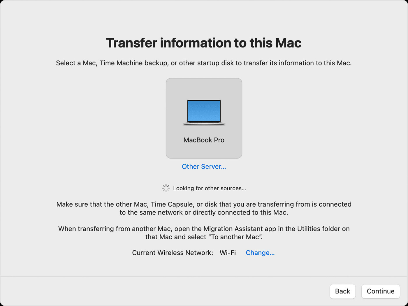 Migration Assistant select a transfer source showcasing the option to transfer data from another Mac