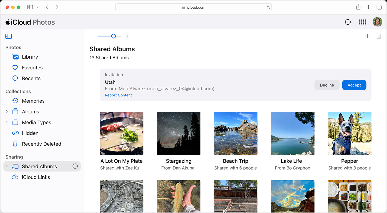 Shared Album invite shown in side bar on icloud.com/photos. It shows Meri Alvarez invited you to join Utah.