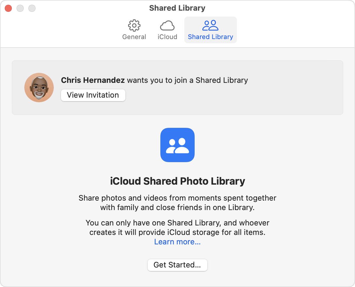 Viewing a Shared Library invitation through the Photos app settings on macOS.