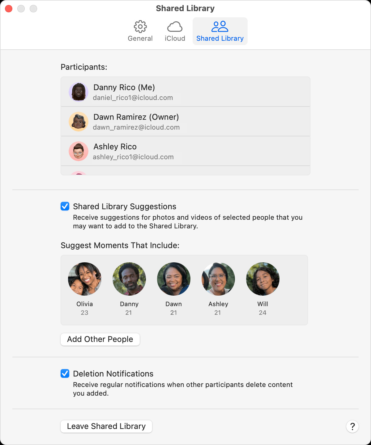 Leave Shared Library is at the bottom of the menu.
