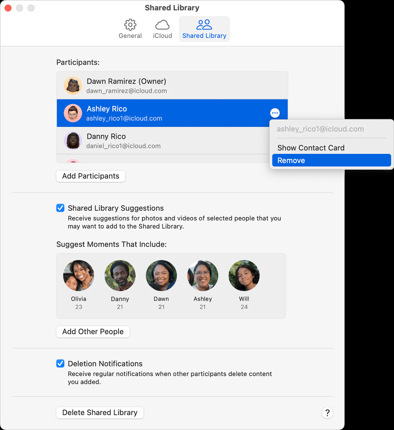 Remove is located beneath Show Contact Card.