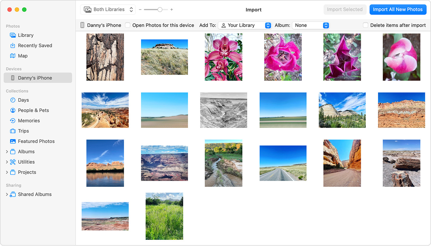 iPhone connected to MacBook showing photos available for import in the Photos app, enabling direct transfer via USB cable