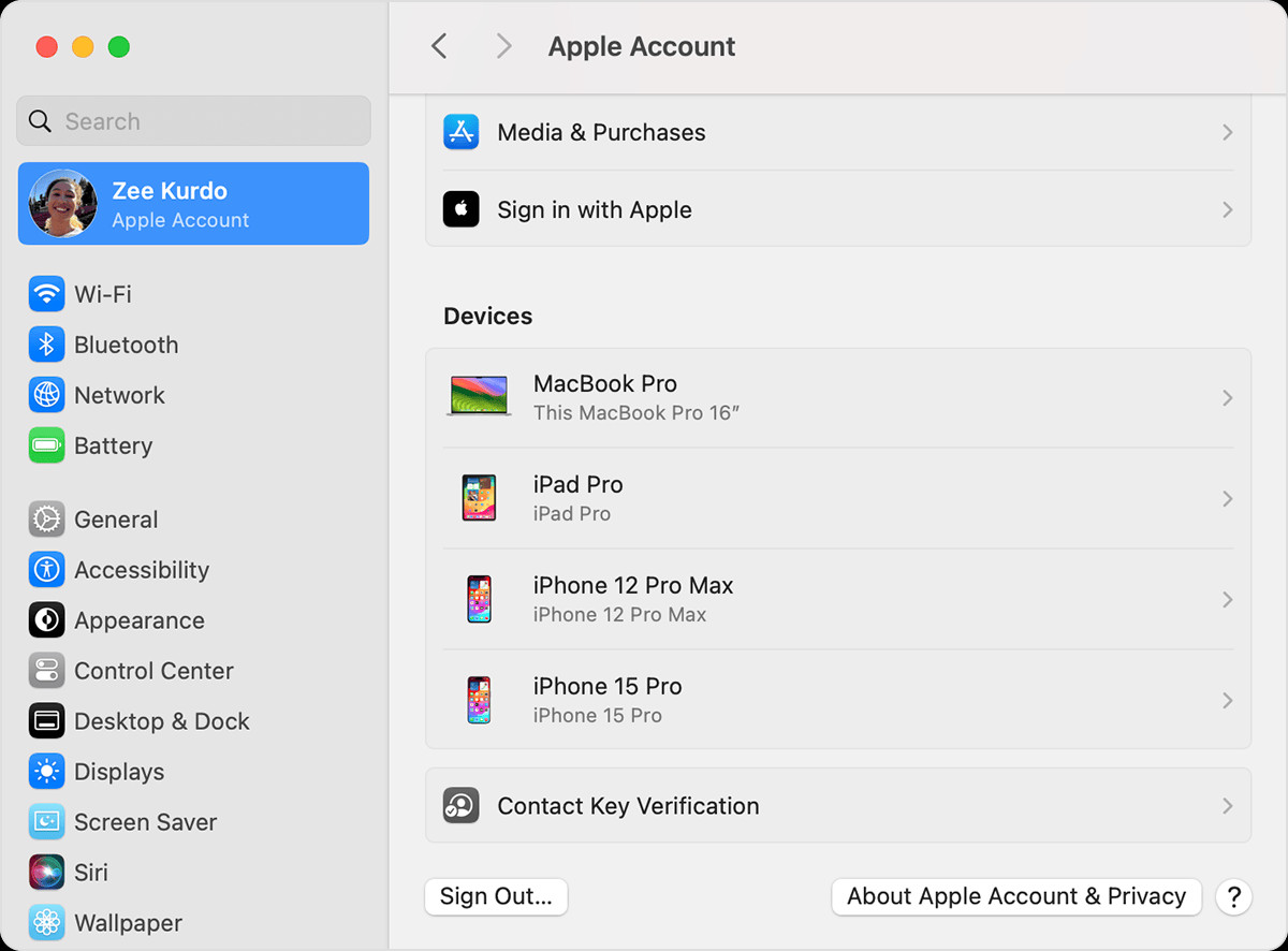 Sign Out Button in Apple Account Settings on macOS