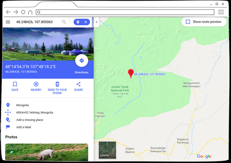 Example of latitude and longitude in Google Maps